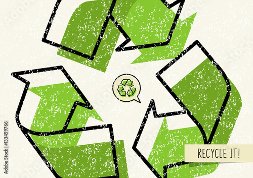 Recycle it vector poster. Recycle symbol with recyclable things creative illustration.
