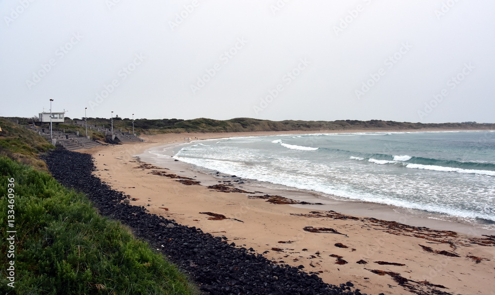 Summerland Bay on Philip Island, Victoria Australia. Place of the Penguin Parade. The main penguin viewing area at Summerland Beach has tiered seating and provides a 180 degree elevated viewing.