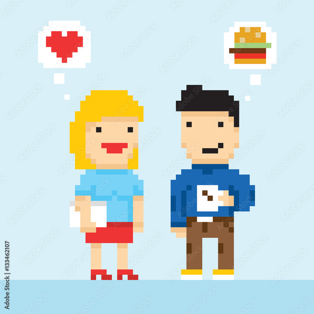 Pixel art game style office colleagues in love vector