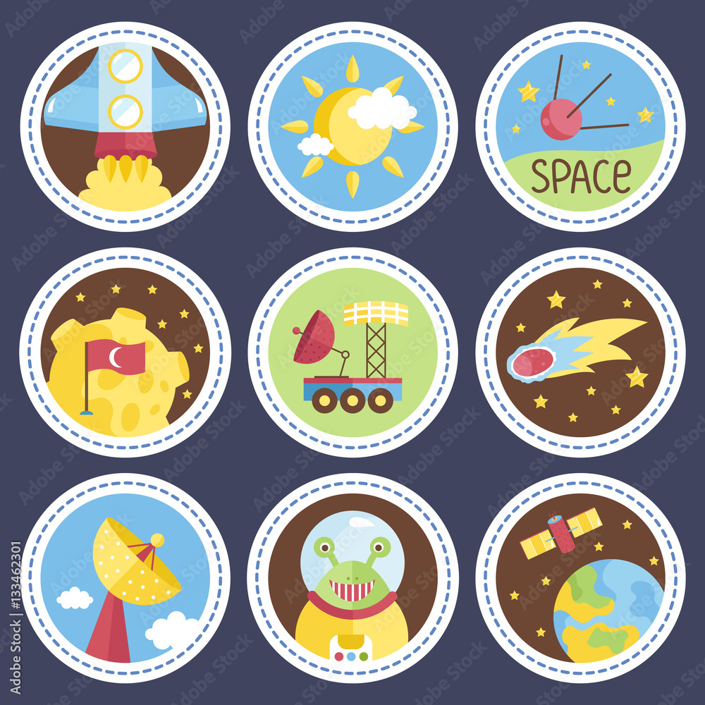 Space objects cartoon icons. Starting rocket, sun in clouds, satellite, exploration rover, comet, moon with turkey flag, parabolic antenna, cute alien, planet Earth vectors isolated on blue background