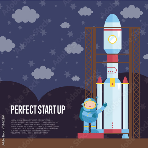 Perfect start up cartoon banner. Astronaut in spacesuit standing neat space rocket on launching pad on night starry sky with clouds background.