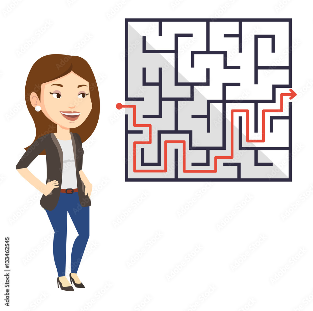 Business woman looking at labyrinth with solution. Business woman looking at labyrinth with solution.