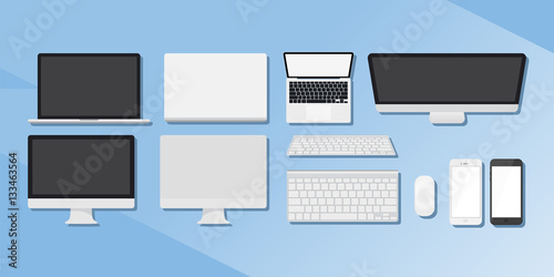A set of gadgets. Computers, phones and tablets.