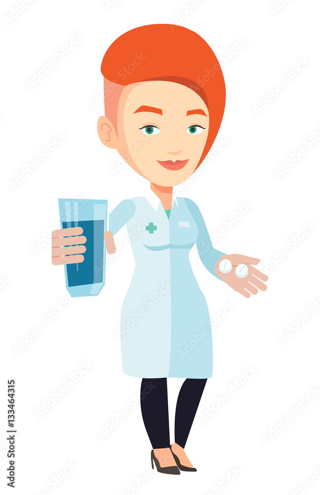 Pharmacist giving pills and glass of water. Pharmacist giving pills and glass of water.
