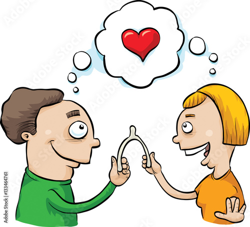 A cartoon couple both wishing for love as they pull on a wishbone.