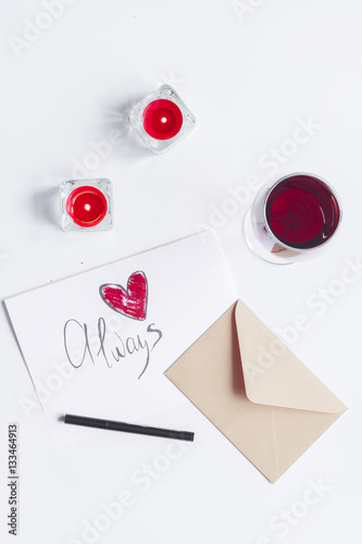 concept of Valentine Day love letter white background top view
