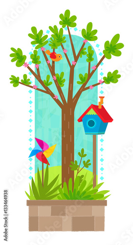 Tree in Spring - Clip art of tree in springtime with bird, birdhouse and pinwheel. Eps10