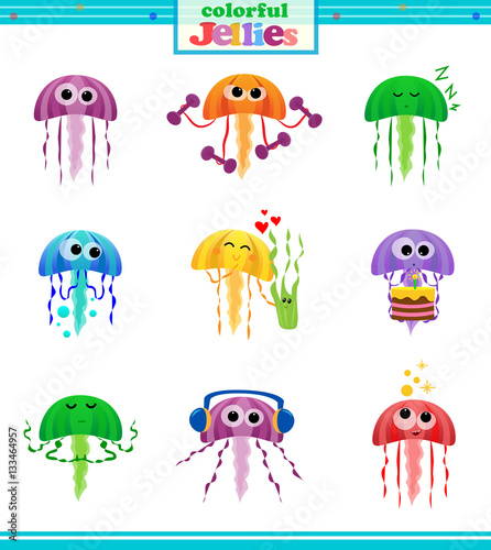 Colorful Jellies - Set of nine colorful jellyfish icons. Eps10