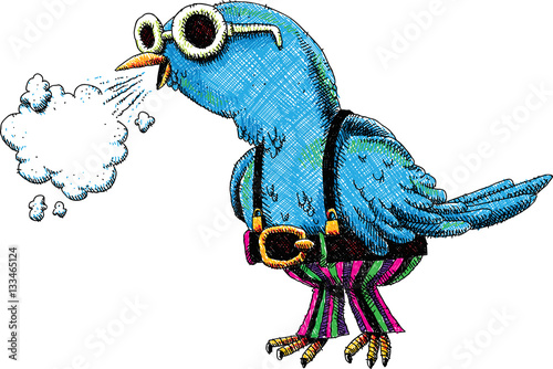 A groovy cartoon, blue bird in stylish striped pants and a thick belt and suspenders with round sunglasses and a blank speech bubble.