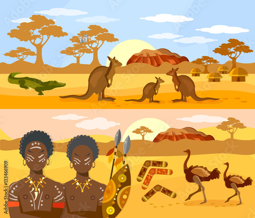 Australia travel banner. Australia people and animals, kangaroo