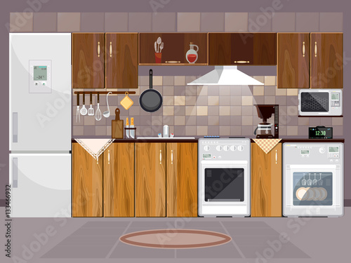 Kitchen interior with furniture. Refrigerator, microwave, stove