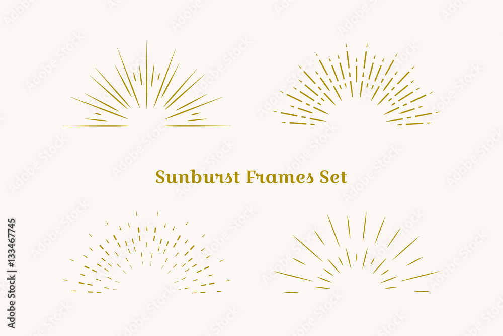 Obraz premium Sunburst frames set. Retro gold Sun burst shape. Vintage explosion logo, label, badge. Firework design element. Old light rays. Retro, vintage, hipster style