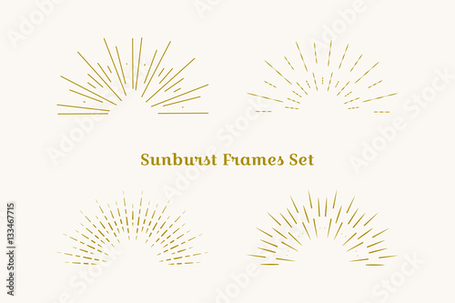 Sunburst frames set. Retro gold Sun burst shape. Vintage explosion logo, label, badge. Firework design element. Old light rays. Retro, vintage, hipster style