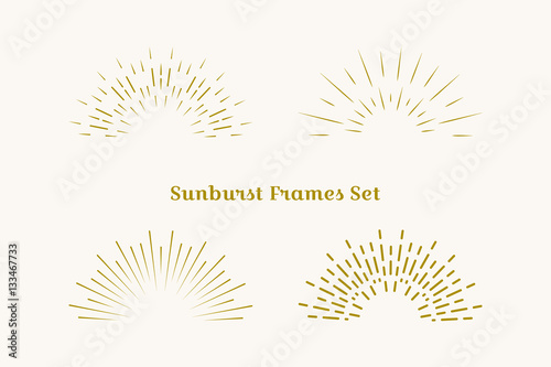Sunburst frames set. Retro gold Sun burst shape. Vintage explosion logo, label, badge. Firework design element. Old light rays. Retro, vintage, hipster style