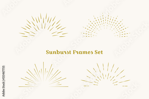 Sunburst frames set. Retro gold Sun burst shape. Vintage explosion logo, label, badge. Firework design element. Old light rays. Retro, vintage, hipster style