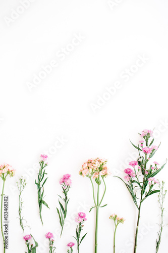 Colorful wildflowers on white background. Flat lay  top view. Valentine s background