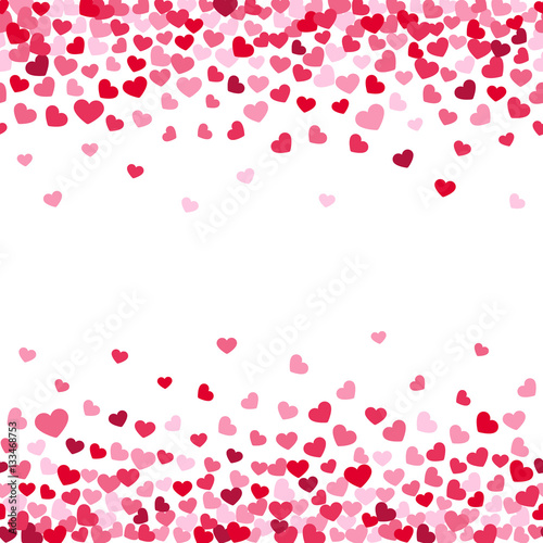 Vector white background decorating of falling valentine hearts confetti. Greeting card design