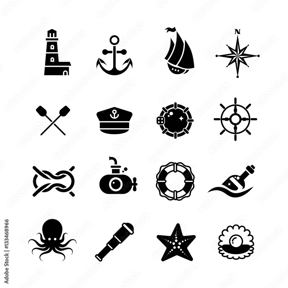 Marine, sea, nautical, pirate, maritime vector retro icons