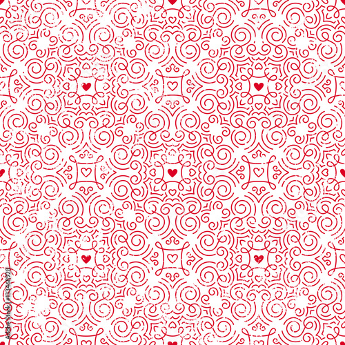 Seamless ornate pattern with hearts. Retro background for Valentines Day, wedding, etc. EPS10 vector illustration with grunge texture.