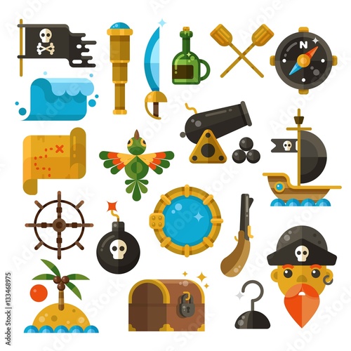 Sea adventure, pirate, weapon, treasure vector flat icons