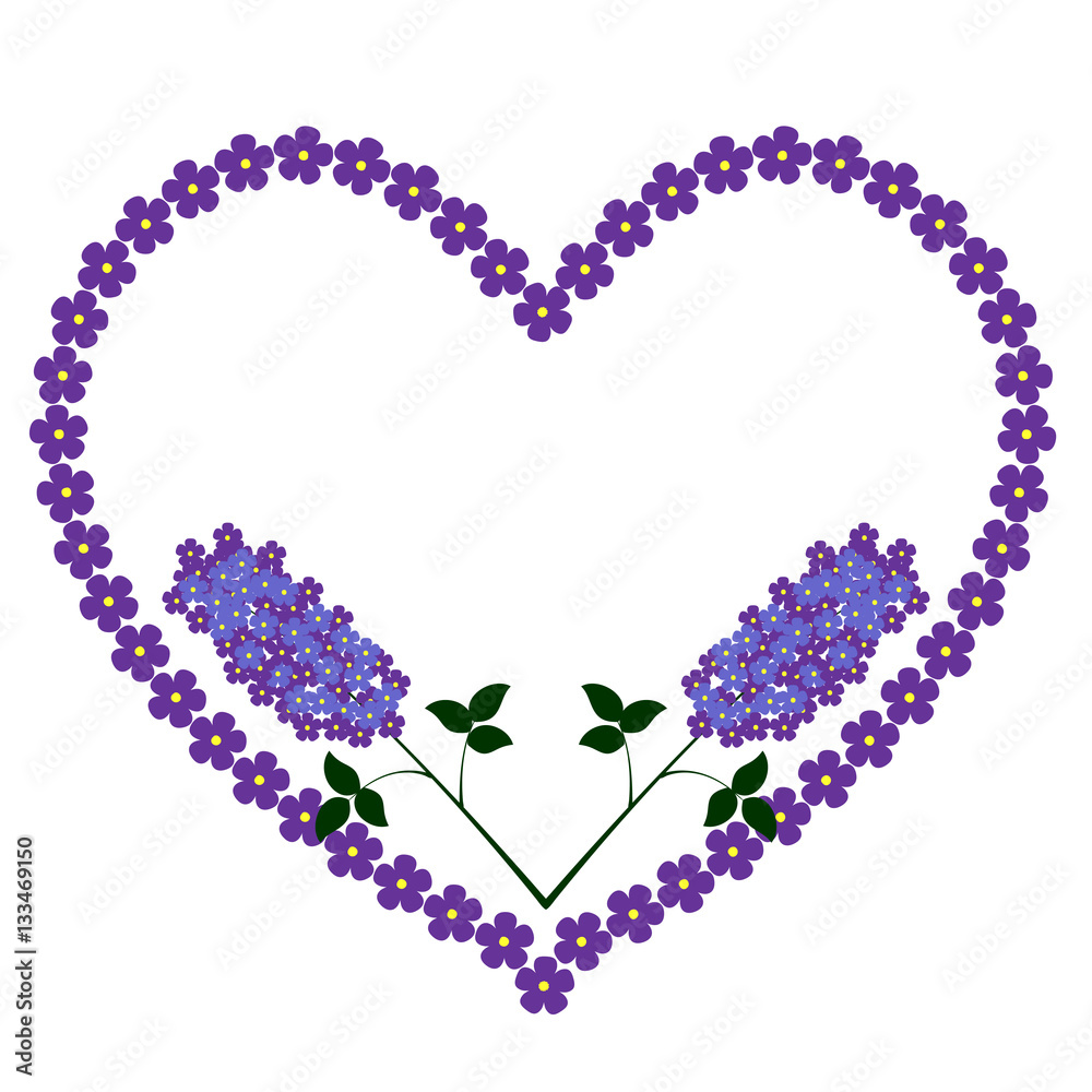 Lilac heart background with branches of flowers, isolated. Lilac heart background with branches of flowers, isolated.