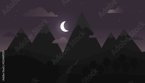 Mountain landscape with purple sky, stars, crescent moon, clouds, trees and road in the mountains - Vector