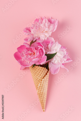 peony flowers in the waffle cone