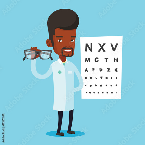 Professional ophthalmologist holding eyeglasses.