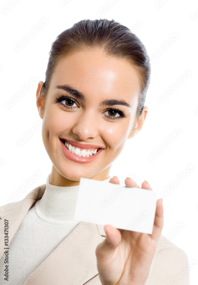 businesswoman with blank business card, isolated businesswoman with blank business card, isolated