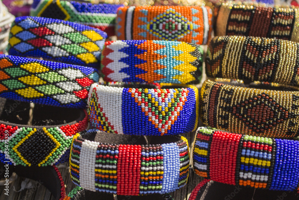 African bright colorful beads bracelets. Local market. Fashion accessories.