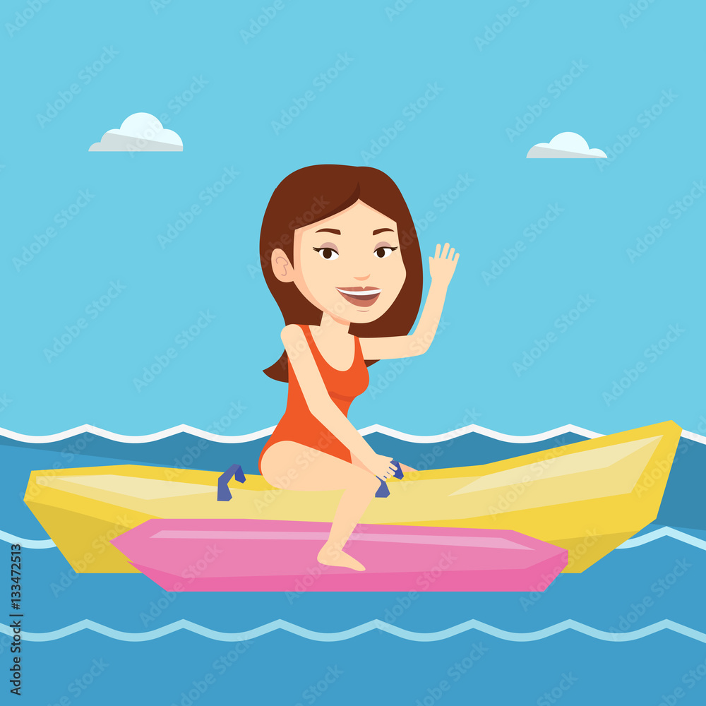 Tourists riding a banana boat vector illustration.