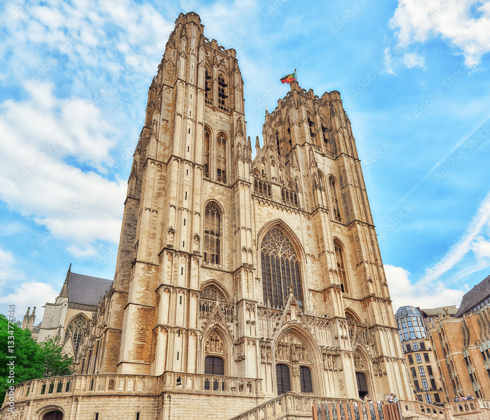 BRUSSELS, BELGIUM - JULY 07, 2016 : Cathedral of St. Michael and BRUSSELS, BELGIUM - JULY 07, 2016 : Cathedral of St. Michael and