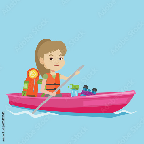 Woman riding in kayak vector illustration.