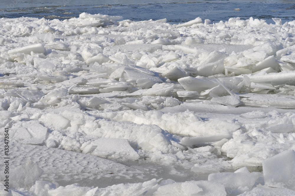 Ice sheets float on the river Danube