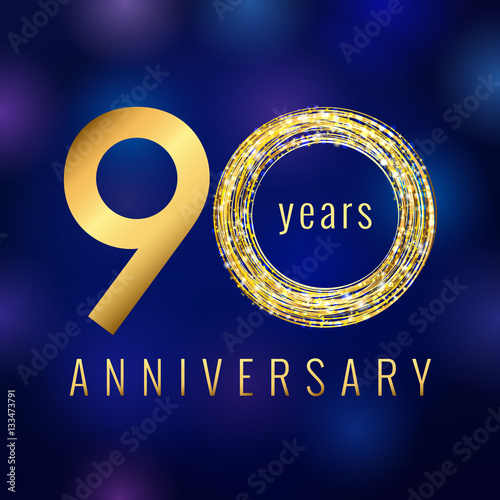Anniversary 90 year number gold colored vector logo. Ninety years colorful greeting card. Holiday shining icon. Blue background. Business, fashion, music, arts lighting sign. Celebration event symbol.