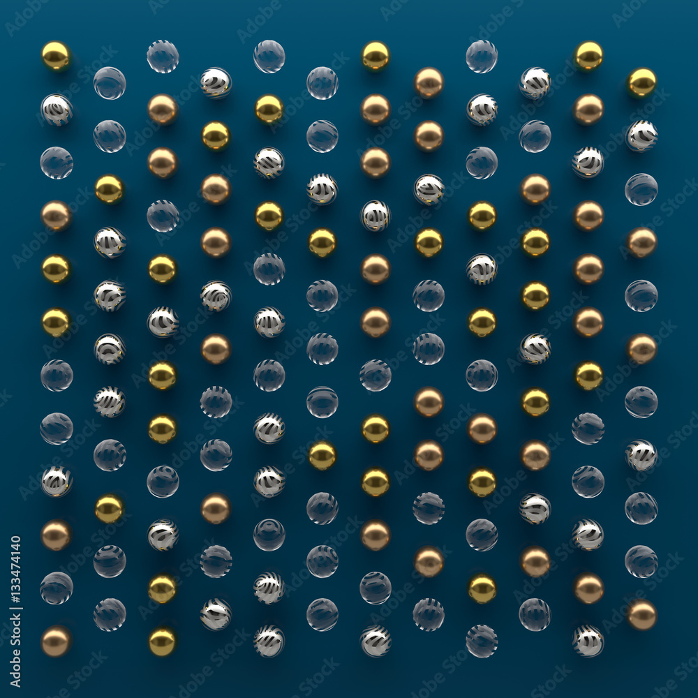 3d abstract render illustration. Geometry cloning background. Metal and ...