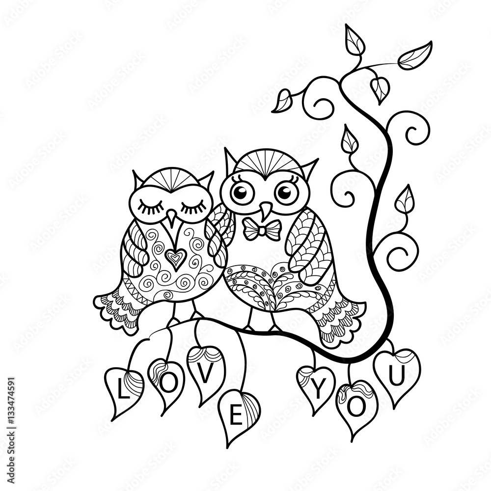 Two cute owls on a tree branch. Hand-drawn owl in doodle art style.Template for coloring books. Card for Valentine's Day. Two cute owls on a tree branch. Hand-drawn owl in doodle art style.Template for coloring books. Card for Valentine's Day.
