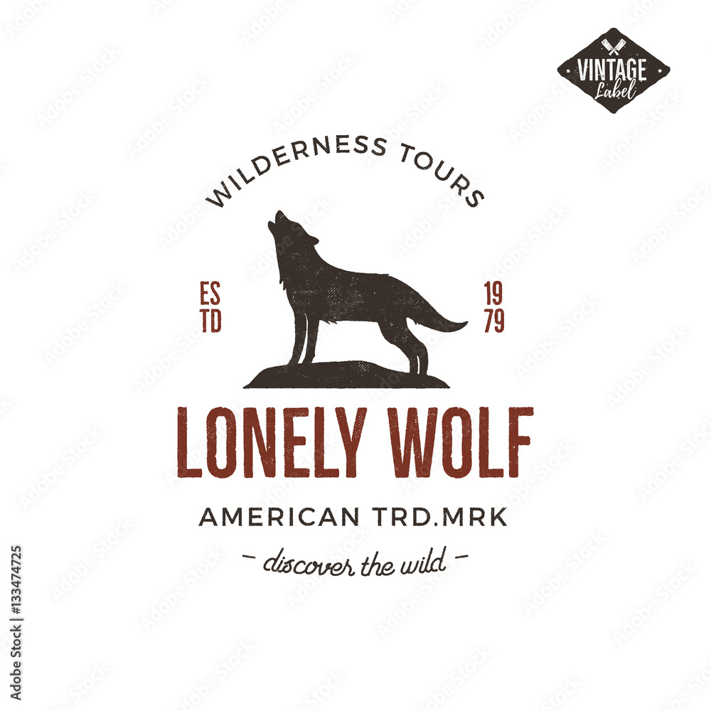 Old style wilderness label with wolf and typography elements. Vintage letterpress effect print. Prints of howling wolf. Unique design for t-shirts, mugs. Hand drawn wolf insignia, rustic design Vector