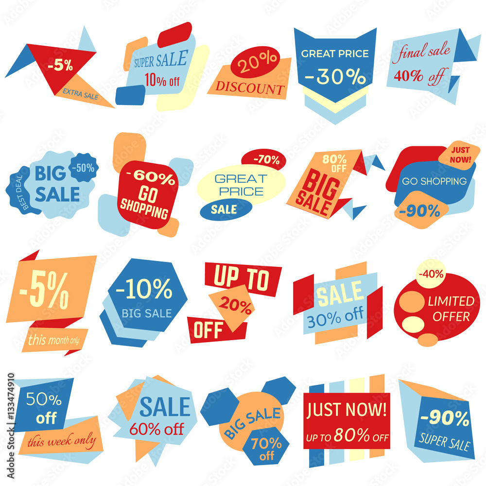 Set of Sale Discount Labels, Tags, Emblems. Web collection of stickers and badges for sale. Isolated vector illustration.
