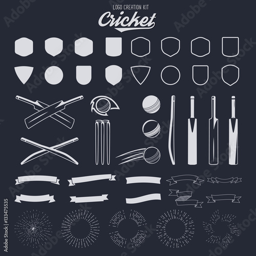 Cricket logo creation kit. Sports logo designs. Cricket icons vector set. Create your own emblem design fast. Sports symbols, elements - ball, bats, shapes, gear, equipment for web or t-shirt.