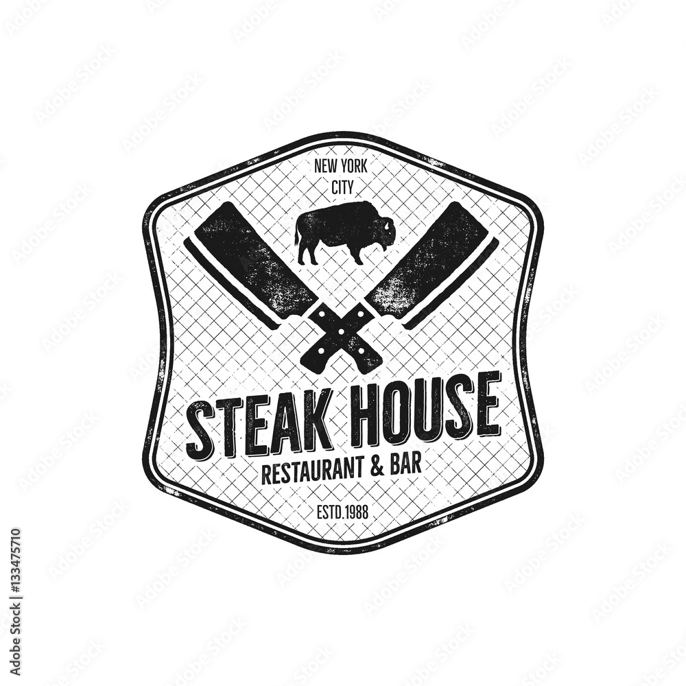 Steak House vintage Label. Typography letterpress design. Vector steak house retro logo. Included bbq grill symbols for customizing steak house badge. Monochrome insignia isolated on white background.