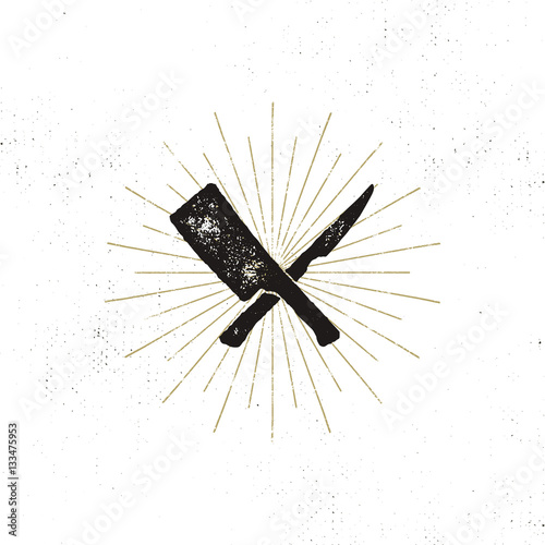 meat cleaver and knife symbols. Vintage steak house symbol. Letterpress effect with sunbursts. Vector design