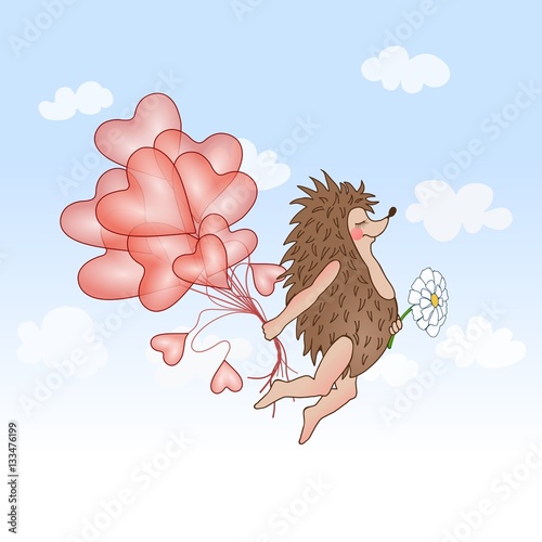 Valentine Card with a hedgehog flying in the blue sky on a bunch of pink heart shaped balloons on a cloud nine, a Valentine's day shirt or a postcard print