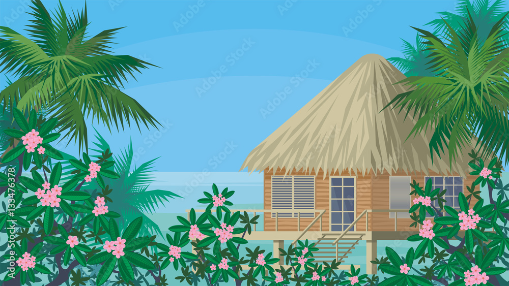 Bungalows on the ocean surrounded by tropical plants. South sea landscape. Vector background. 