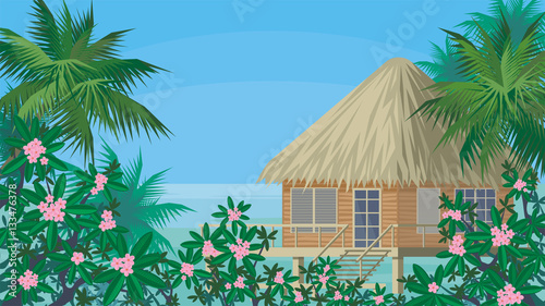 Bungalows on the ocean surrounded by tropical plants. South sea landscape. Vector background. 