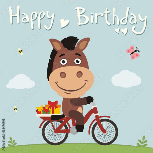 Happy birthday  Funny horse on bike with gifts. Birthday card with cute horse in cartoon style