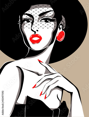 Black and white fashion woman portrait, vector