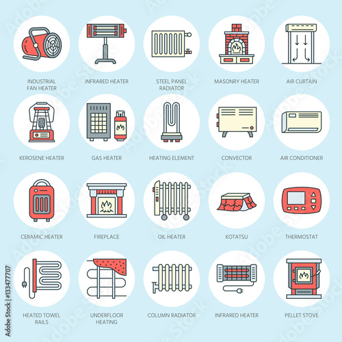 Oil heater, fireplace, convector, panel column radiator and other house heating appliances line icons. Home warming thin linear pictogram such as kotatsu, Russian oven. Equipment store signs.