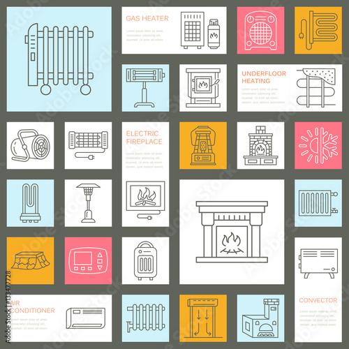 Oil heater, fireplace, convector, panel column radiator and other house heating appliances line icons. Home warming thin linear pictogram such as kotatsu, Russian oven. Equipment store signs.