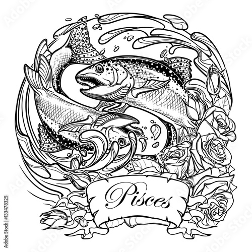 Zodiac sign - Pisces. Two fishes jumping from the water. Circle composition, decorative frame of roses. Vintage art nouveau style concept art for horoscope, tattoo or colouring book. EPS10 vector